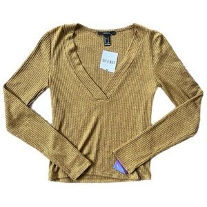 Gold Ribbed V-Neck Sweater